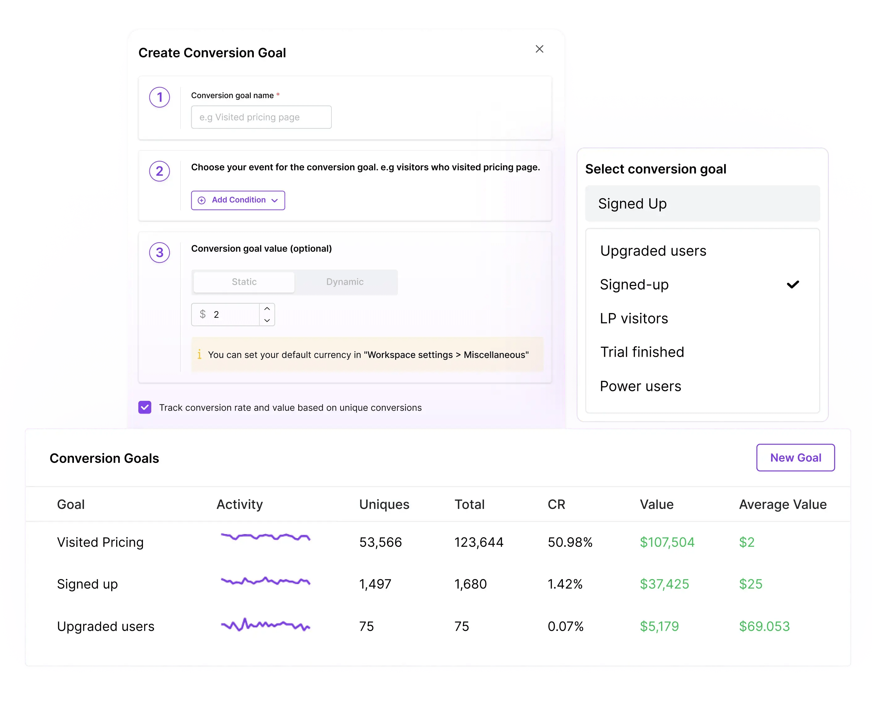 Conversion goals in Usermaven